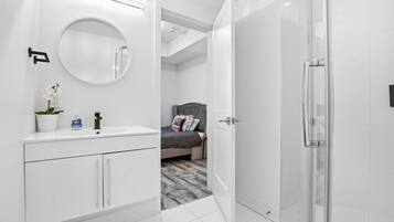Hair dryer, bidet, towels, soap
