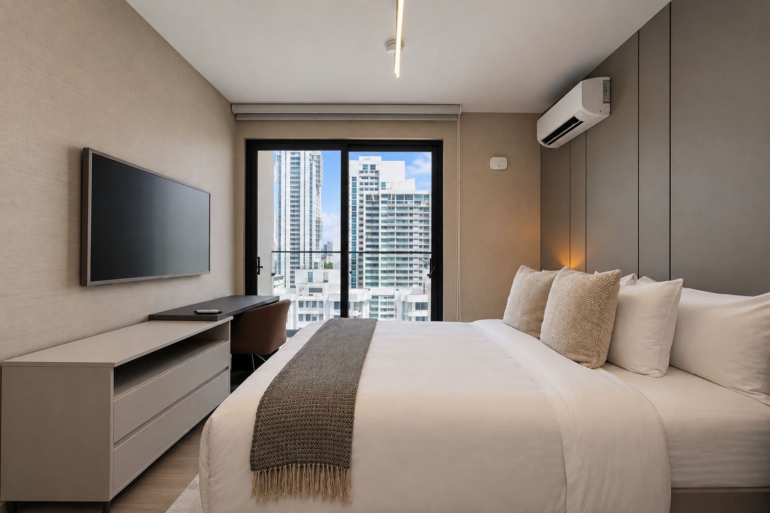 Habitación de hotel moderna con cama, televisión, escritorio y vistas a rascacielos.