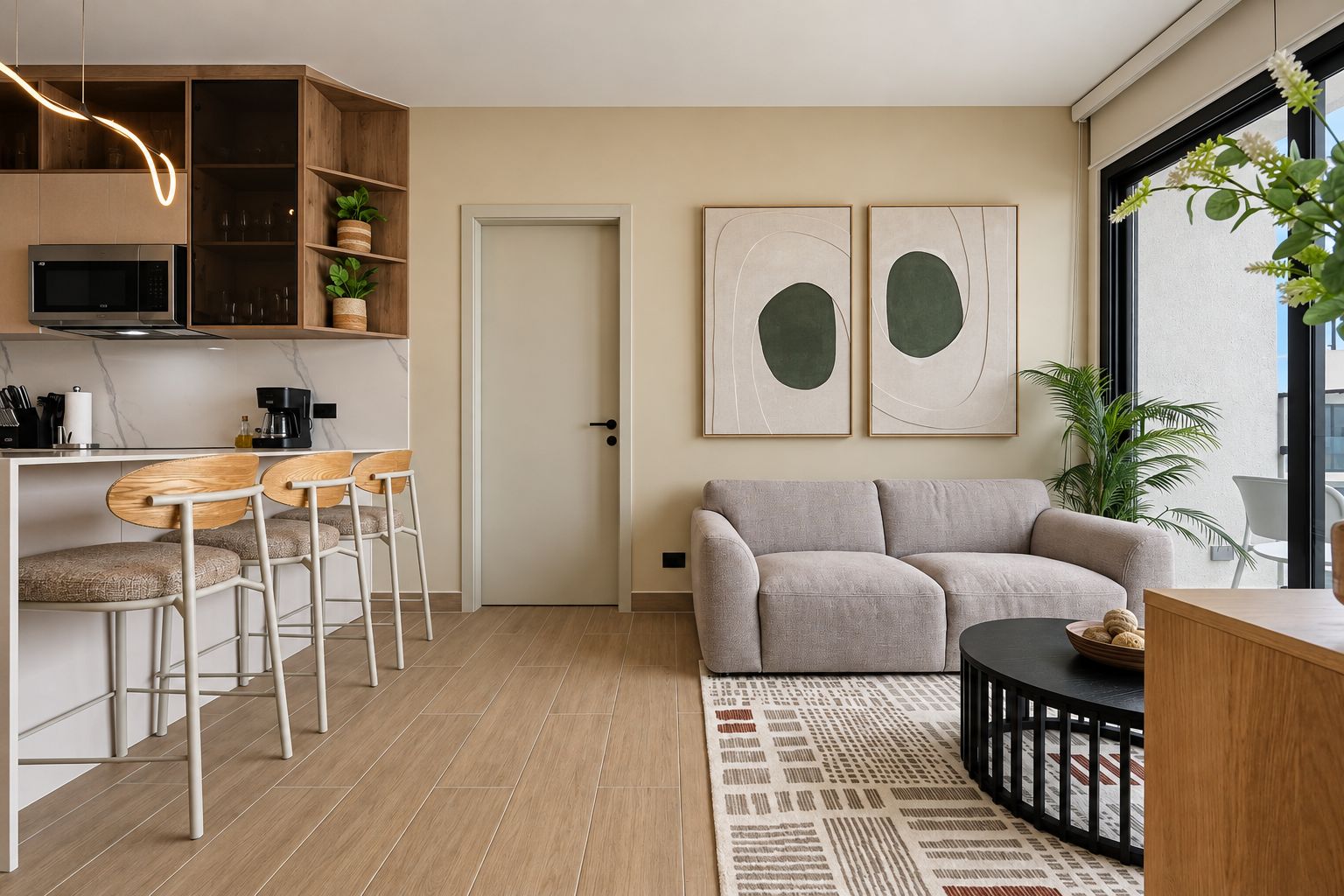 Un espacio moderno para vivir con cocina, comedor y zona de estar.