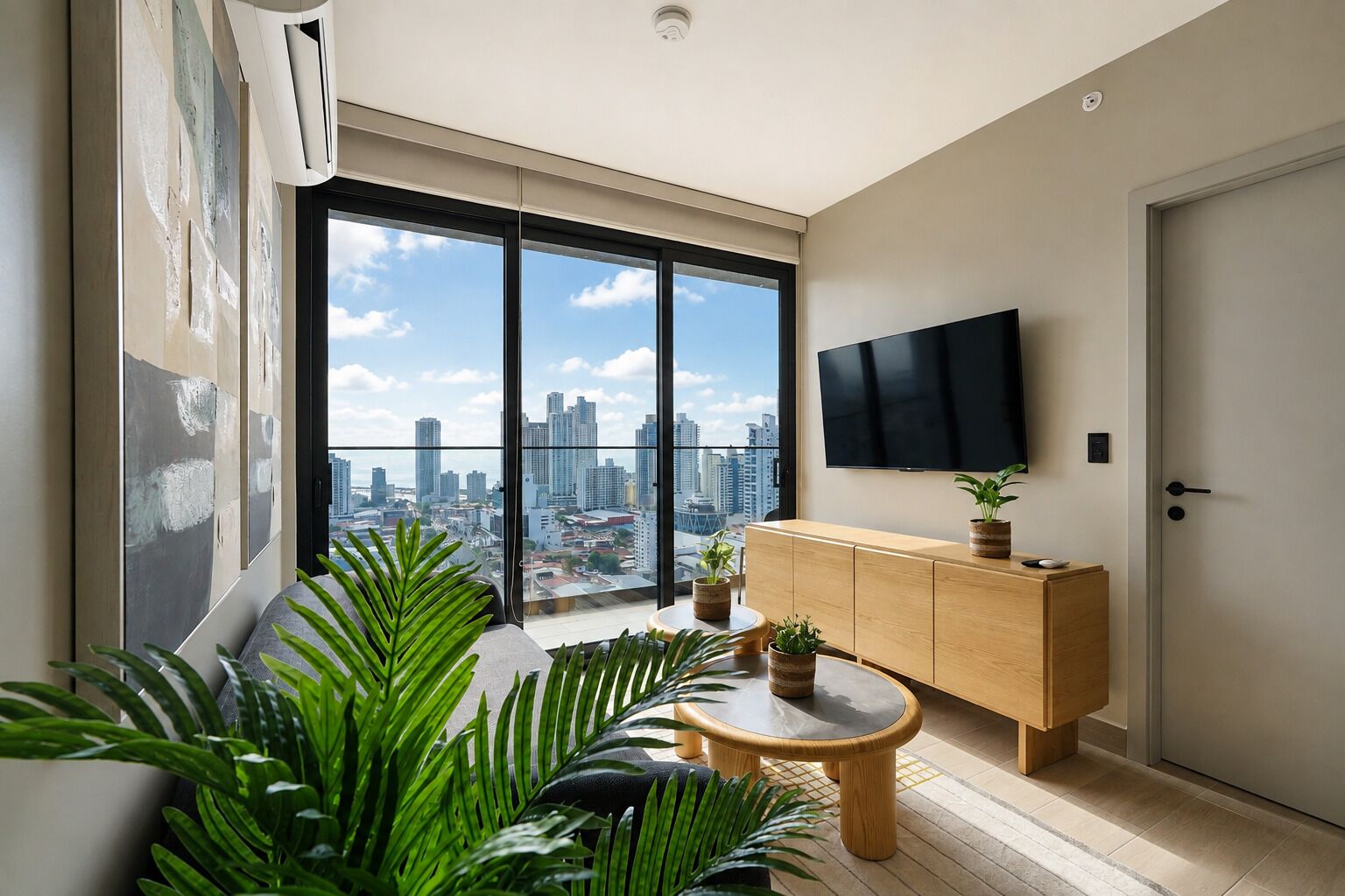 Una sala de estar moderna con un ventanal grande, un televisor de pantalla plana, un mueble de madera y una mesa redonda.