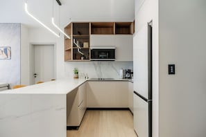 Apartemen Comfort, balkon, pemandangan kota | Dapur pribadi | Mesin pembuat kopi/teh, kompor, dan peralatan masak/sendok-piring