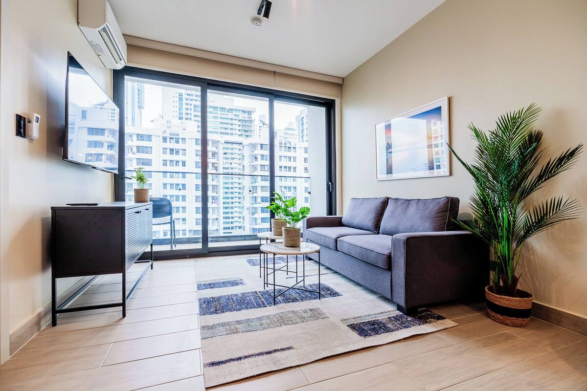 Comfort Apartment, Balcony, City View | Living room | 43-inch Smart TV with digital channels, heated floors