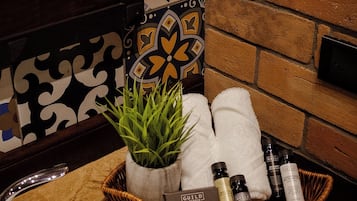 Regadera, toallas, jabón, shampoo