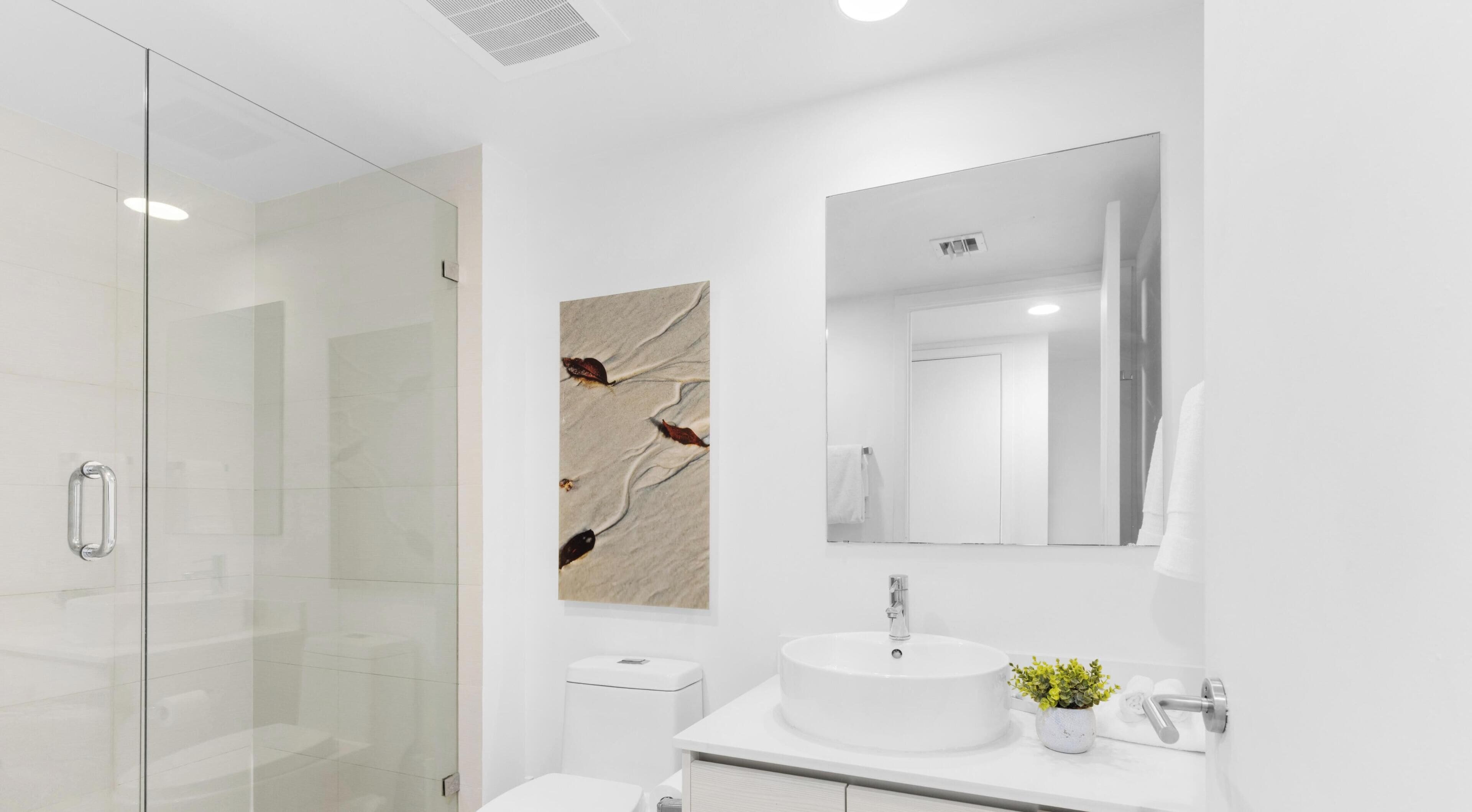 A modern bathroom with a glass shower enclosure, a white sink, and a mirror.