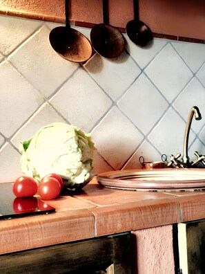 Eine Küchenarbeitsplatte mit Schneidebrett, einem Kohl und Tomaten.