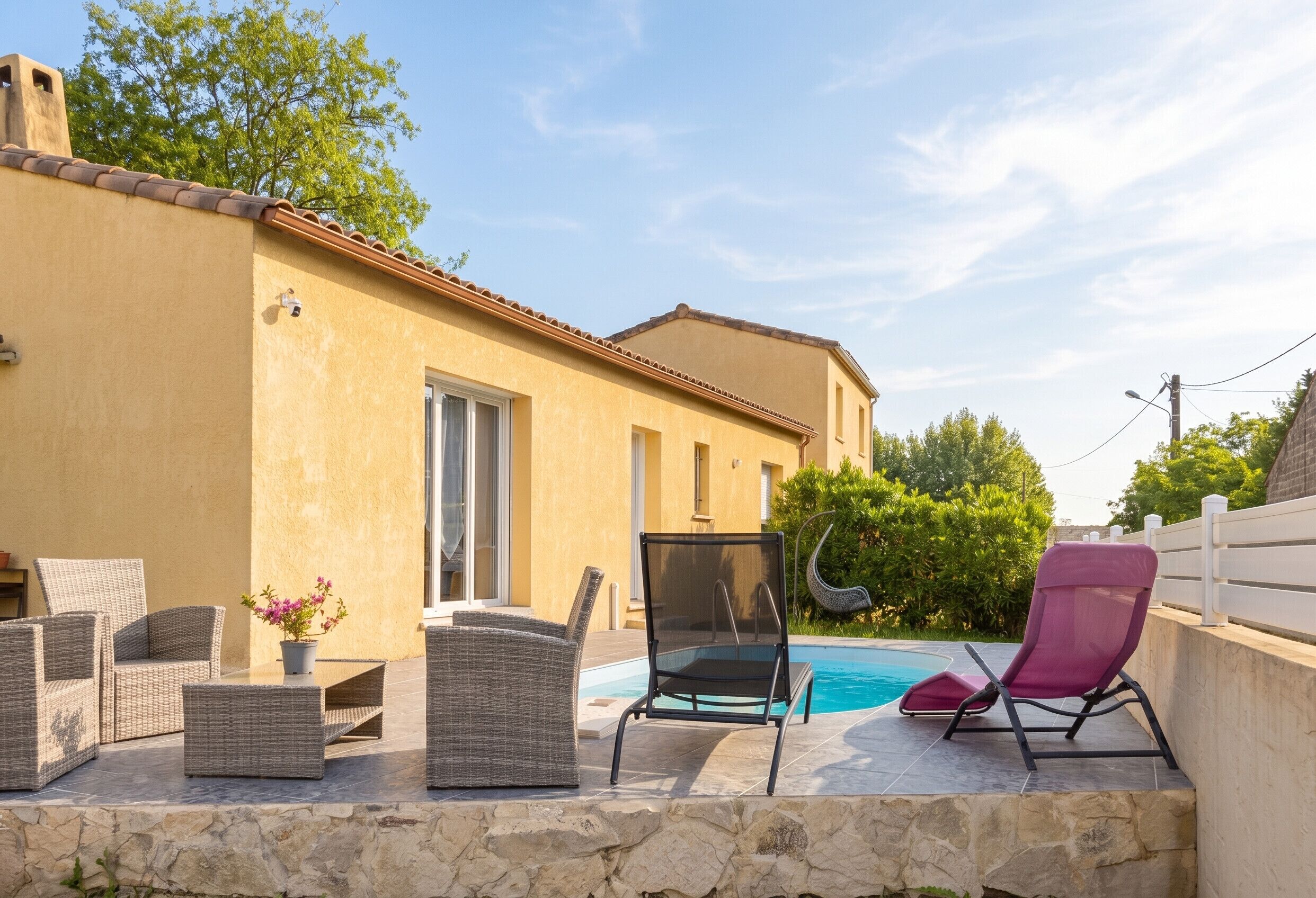 A poolside area with wicker furniture, a stone wall, and a building with a tiled roof.