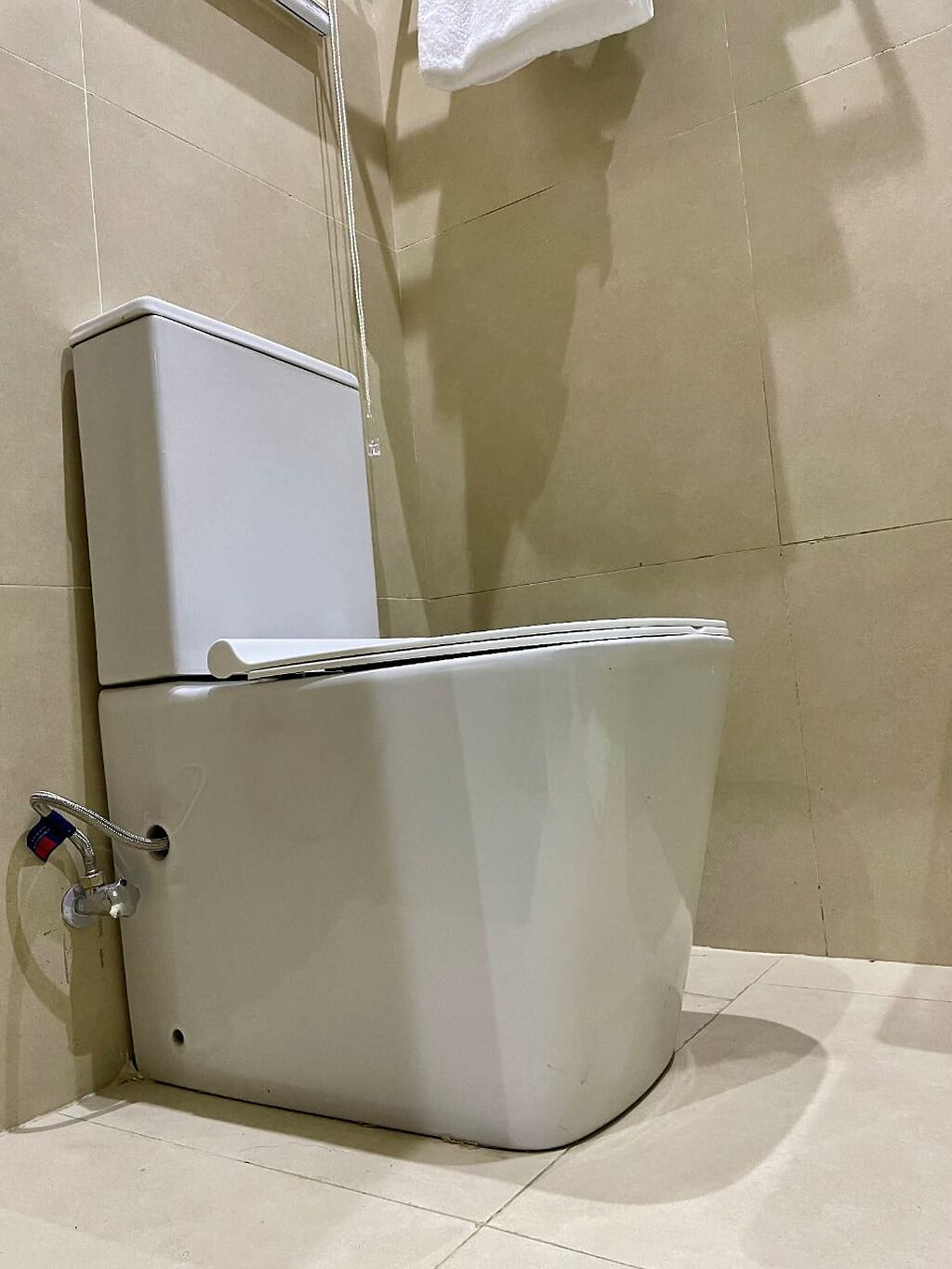 Des toilettes blanches, avec un réservoir et un accessoire de type bidet, dans une salle de bain carrelée de carreaux de couleur beige.