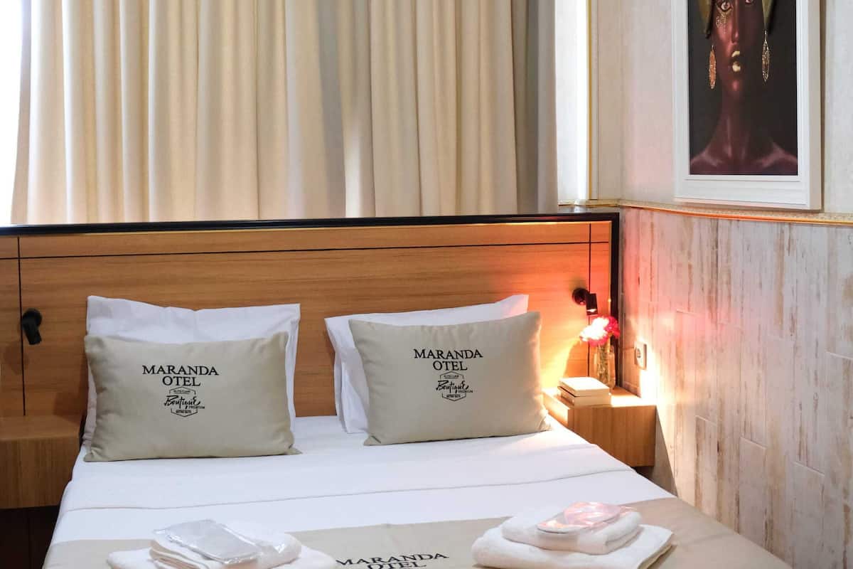 A hotel room with a bed, two pillows, a nightstand, a lamp, a painting, and a ceiling light.