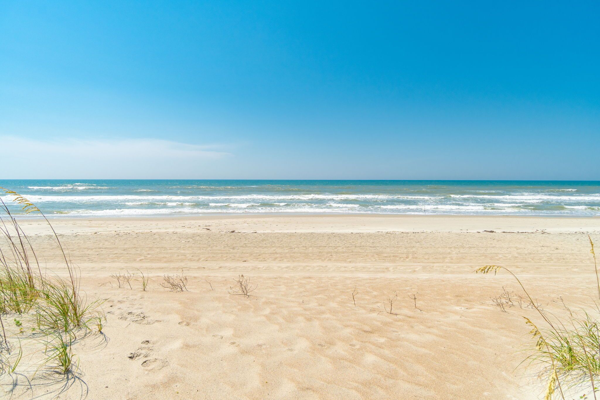 A beach with sand and sparse vegetation.