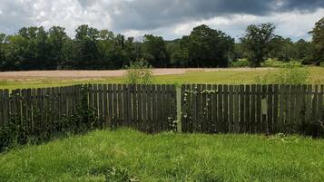A grassy field with a wooden fence in the foreground and a line of trees in the background.