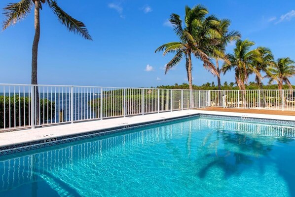Ein Swimmingpool mit weißem Zaun, Palmen und blauem Himmel.