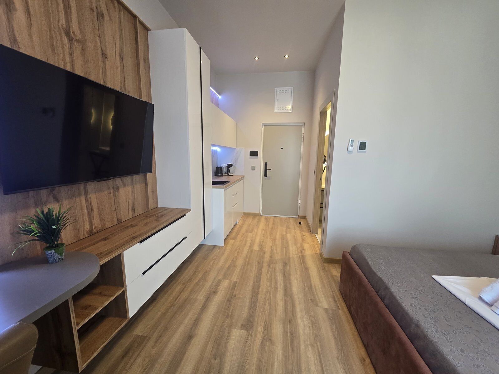 A modern hotel room with a flat-screen TV mounted on the wall, a wooden desk with a plant, a sofa, and a bed.