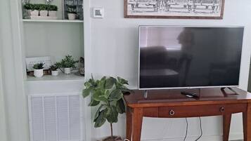 A room with a TV on a wooden stand, a potted plant, and a framed picture on the wall.