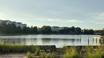 A lake with a dock and a row of houses in the background.