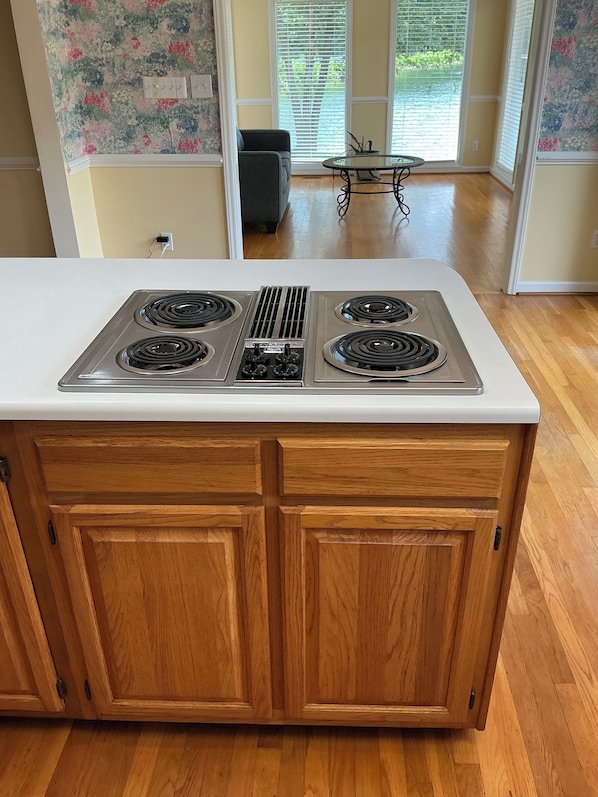 A kitchen with a white countertop, four burners, and wooden cabinets.