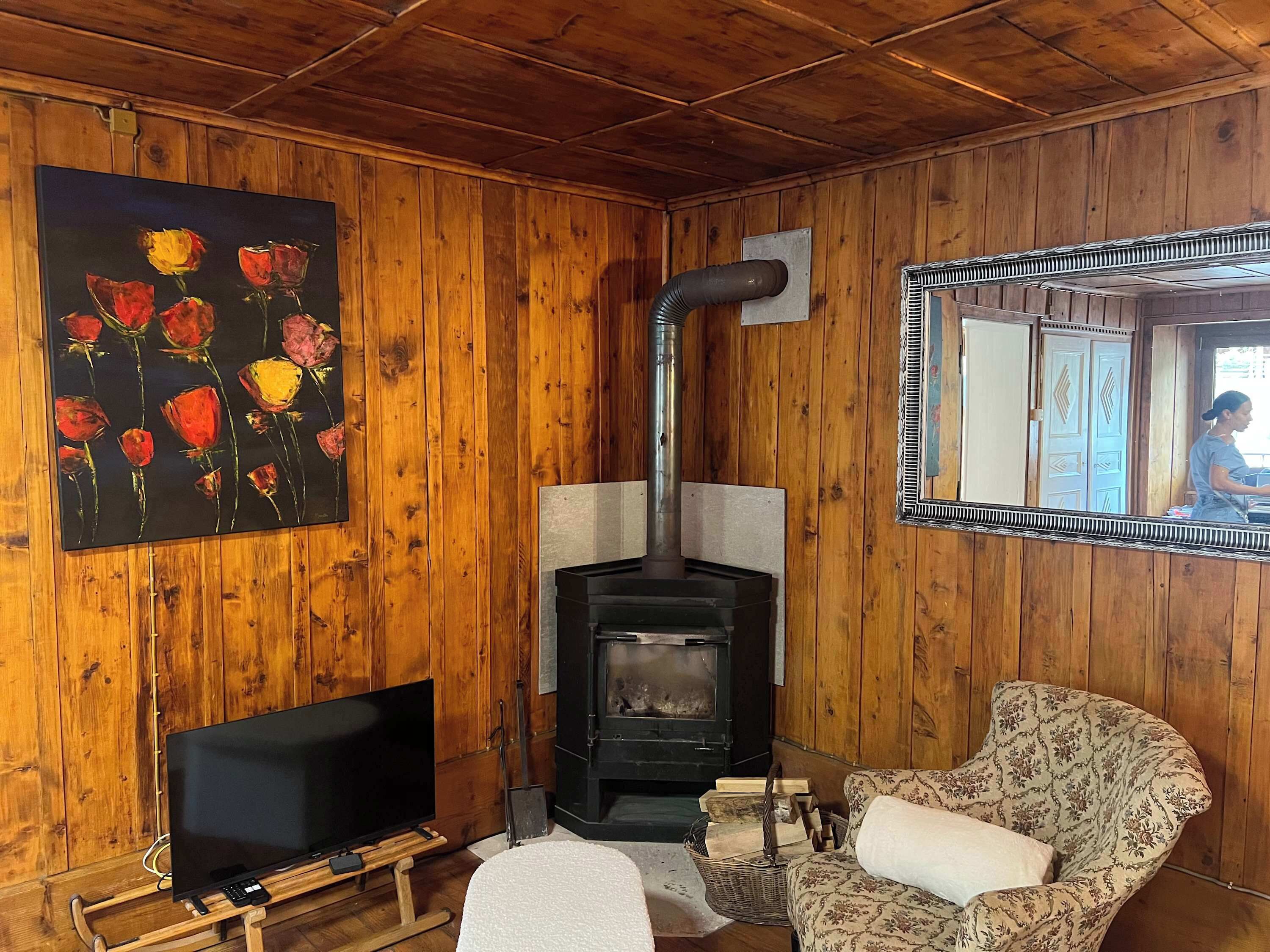 Une pièce aux murs en bois, avec un poêle à bois noir, un téléviseur posé sur un meuble en bois et un fauteuil à motifs.