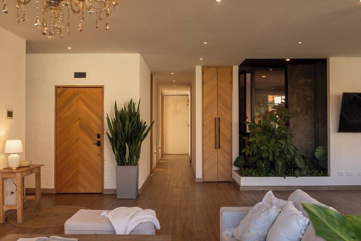 Un intérieur moderne avec une porte en bois, une plante en pot, un canapé avec des coussins et un téléviseur fixé au mur.