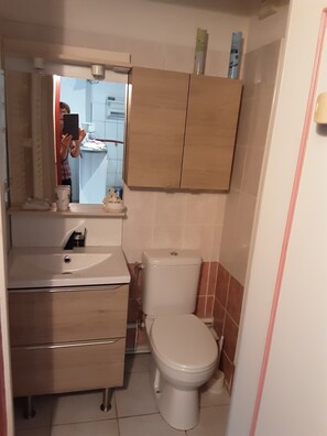 Een badkamer met een wastafel, spiegel, toilet en kastjes.