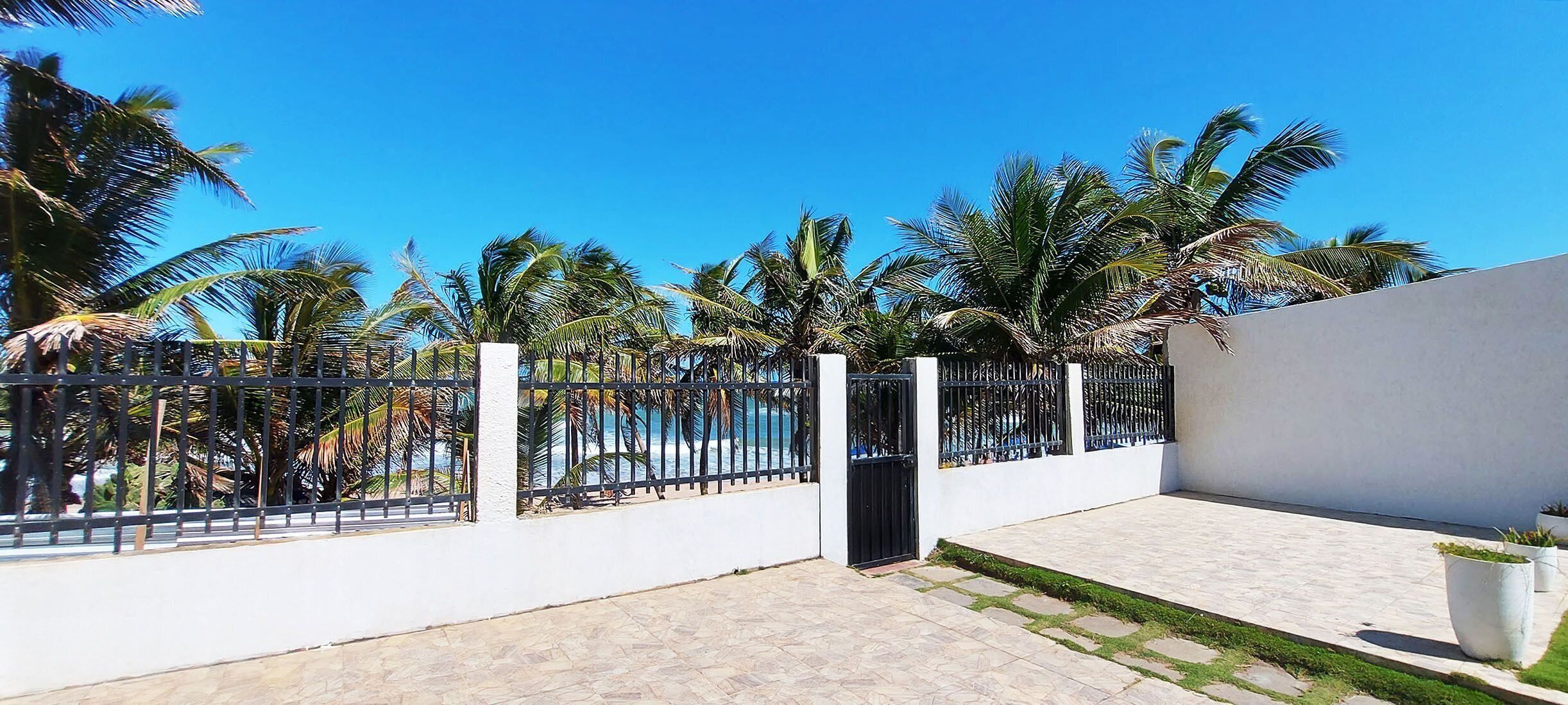 A gated outdoor area with palm trees and a clear sky.