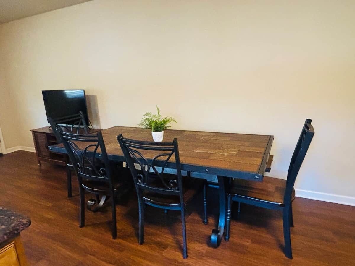 Un coin repas avec une table en bois et quatre chaises, une petite plante en pot et un téléviseur posé sur un meuble.