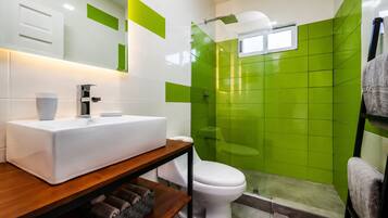 Hair dryer, towels, soap, toilet paper