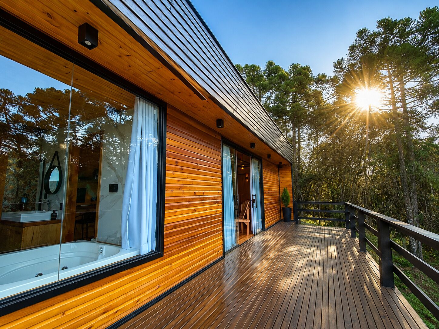 A wooden cabin with a deck, large windows, and a view of trees.