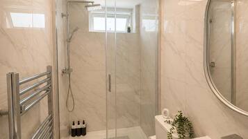 Shower, hair dryer, towels, shampoo