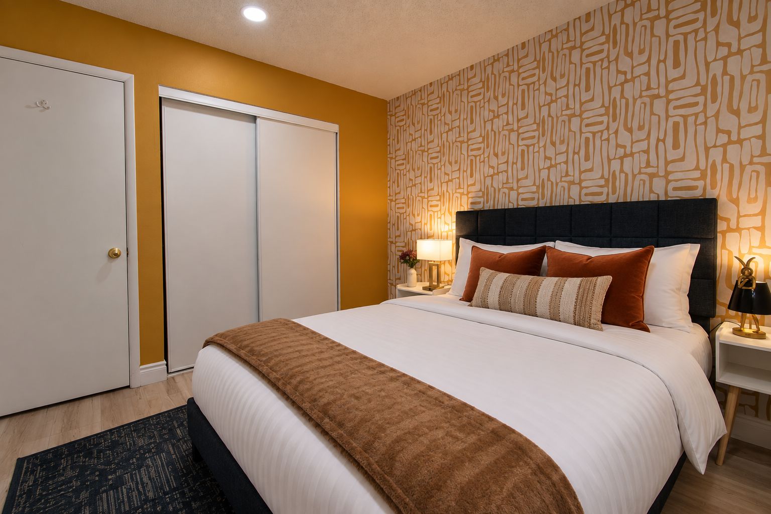 Une chambre d’hôtel avec un lit, une table de chevet, une lampe, un mur orné d’un motif géométrique et une porte.