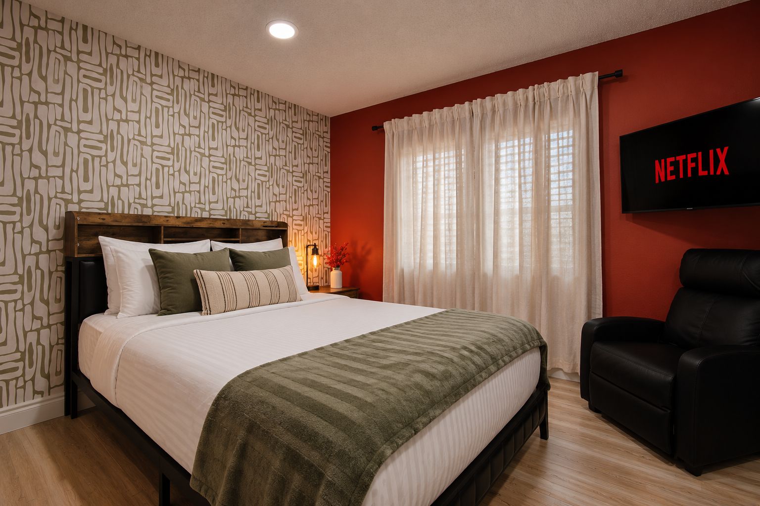 A hotel room with a bed, a black leather chair, a wall-mounted television, and a patterned wallpaper.
