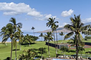 Ein Resort mit Pool, Palmen und Meerblick.