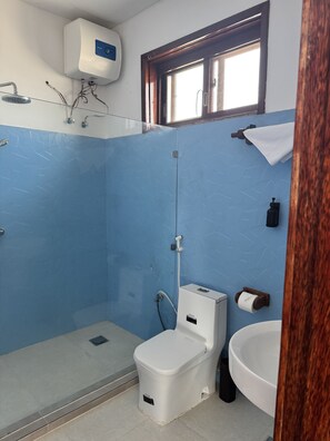 A bathroom with a shower, toilet, and sink. - Jamaica House  (Nungwi)