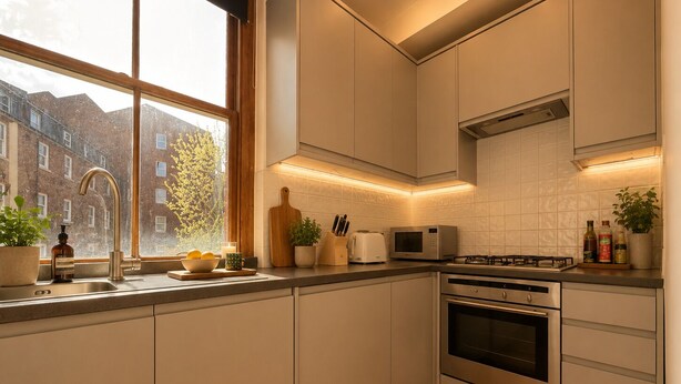 Eine moderne Küche mit Fenster, Edelstahlgeräten und Blick auf die umliegenden Gebäude.