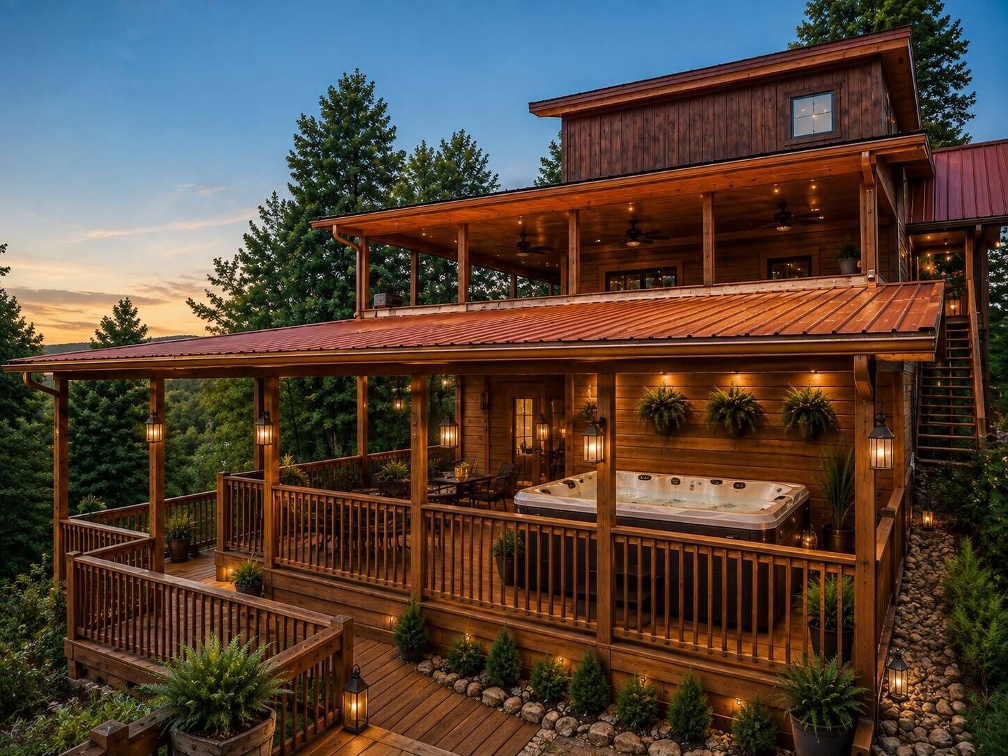 A two-story wooden cabin with a deck, outdoor hot tub, and a large window.