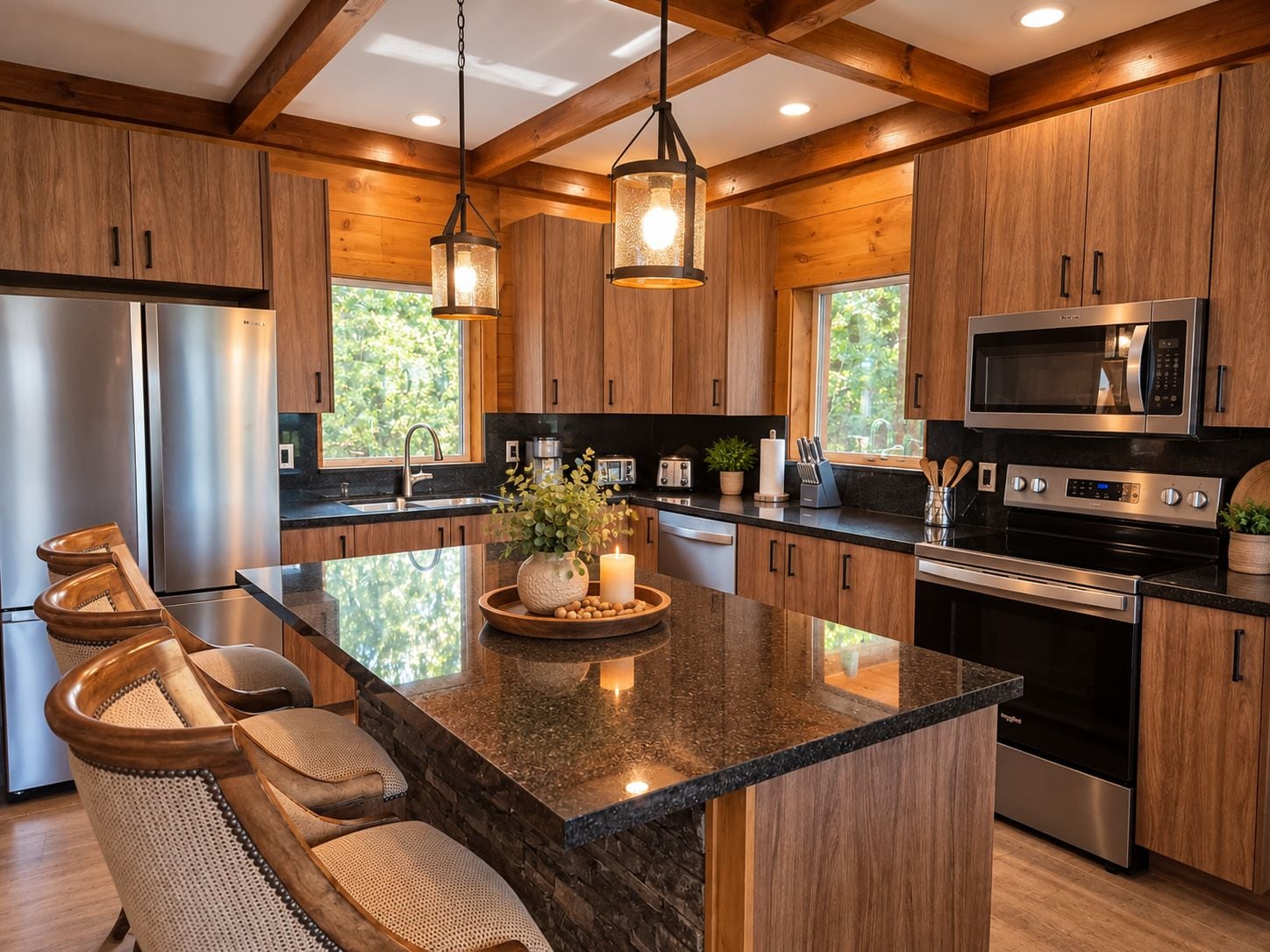 A modern kitchen with wooden cabinets, stainless steel appliances, and a central island with seating.