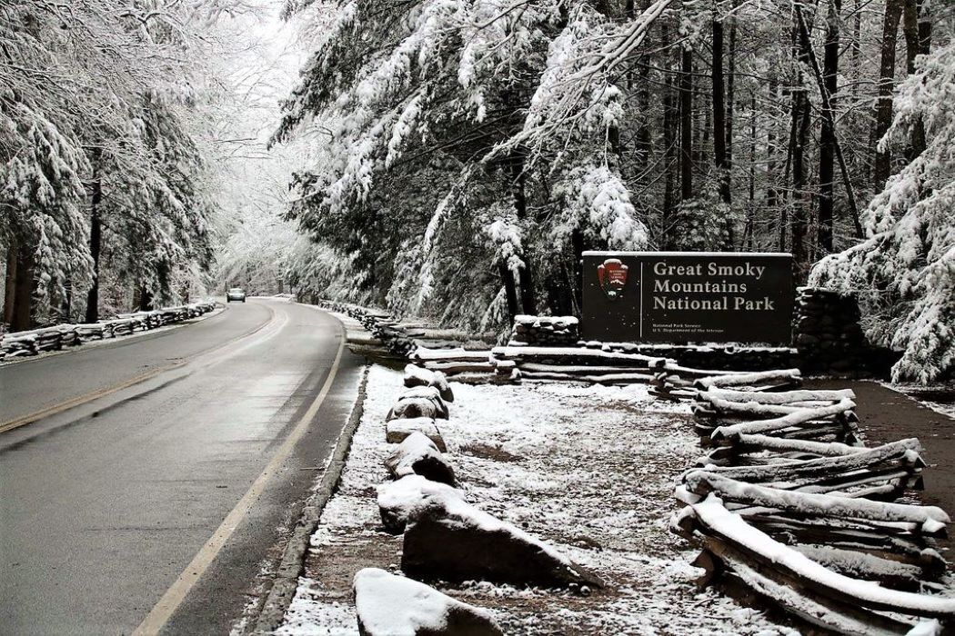 Carretera que conduce al Parque Nacional de las Montañas Humeantes, con un cartel y árboles cubiertos de nieve.