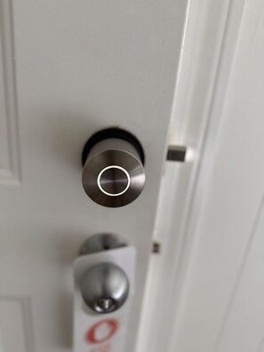 En dörr med ett modernt lås och ett nyckelhål.