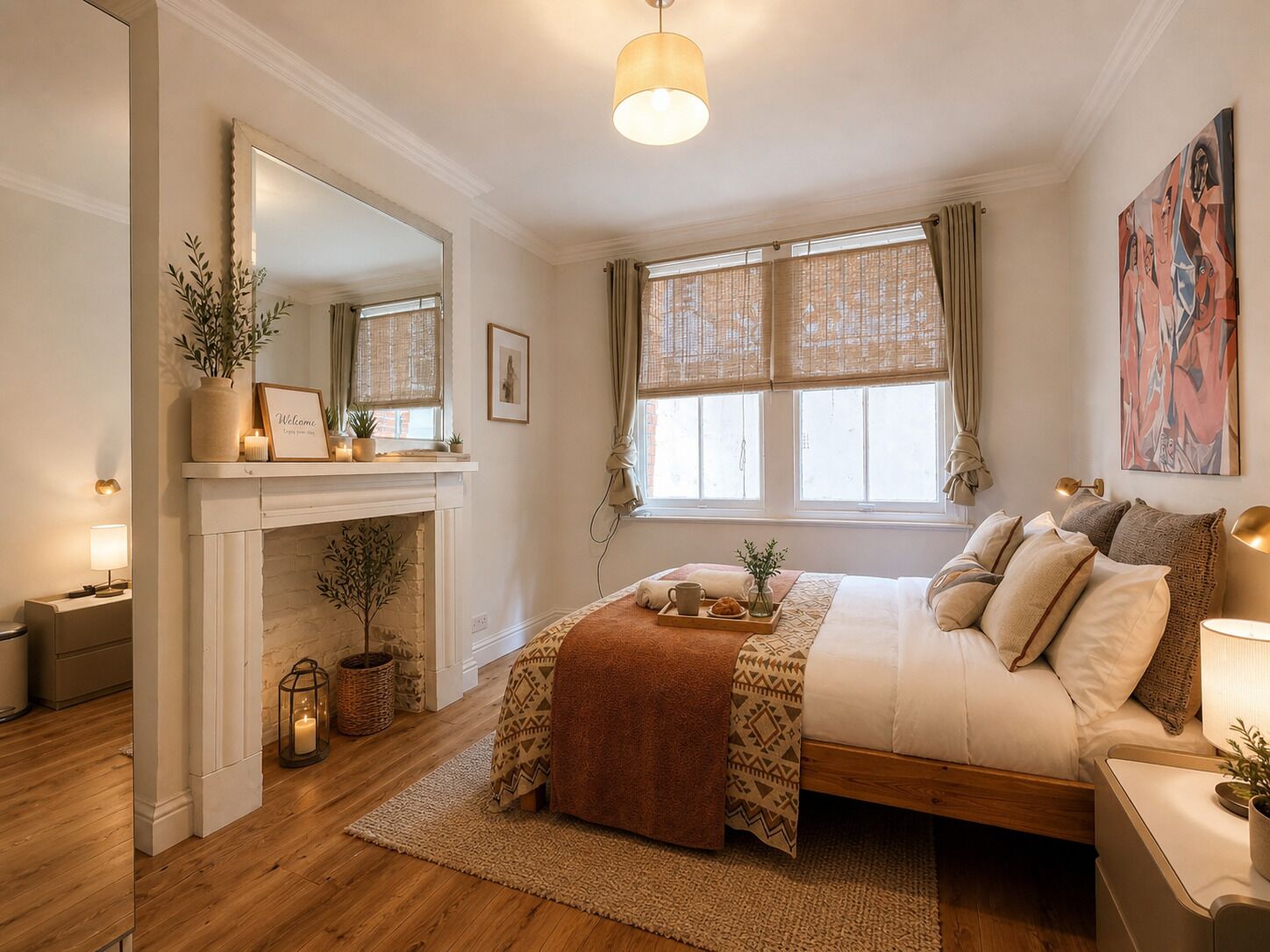 Un dormitorio con cama, mesita de noche, lámpara, ventana y chimenea.