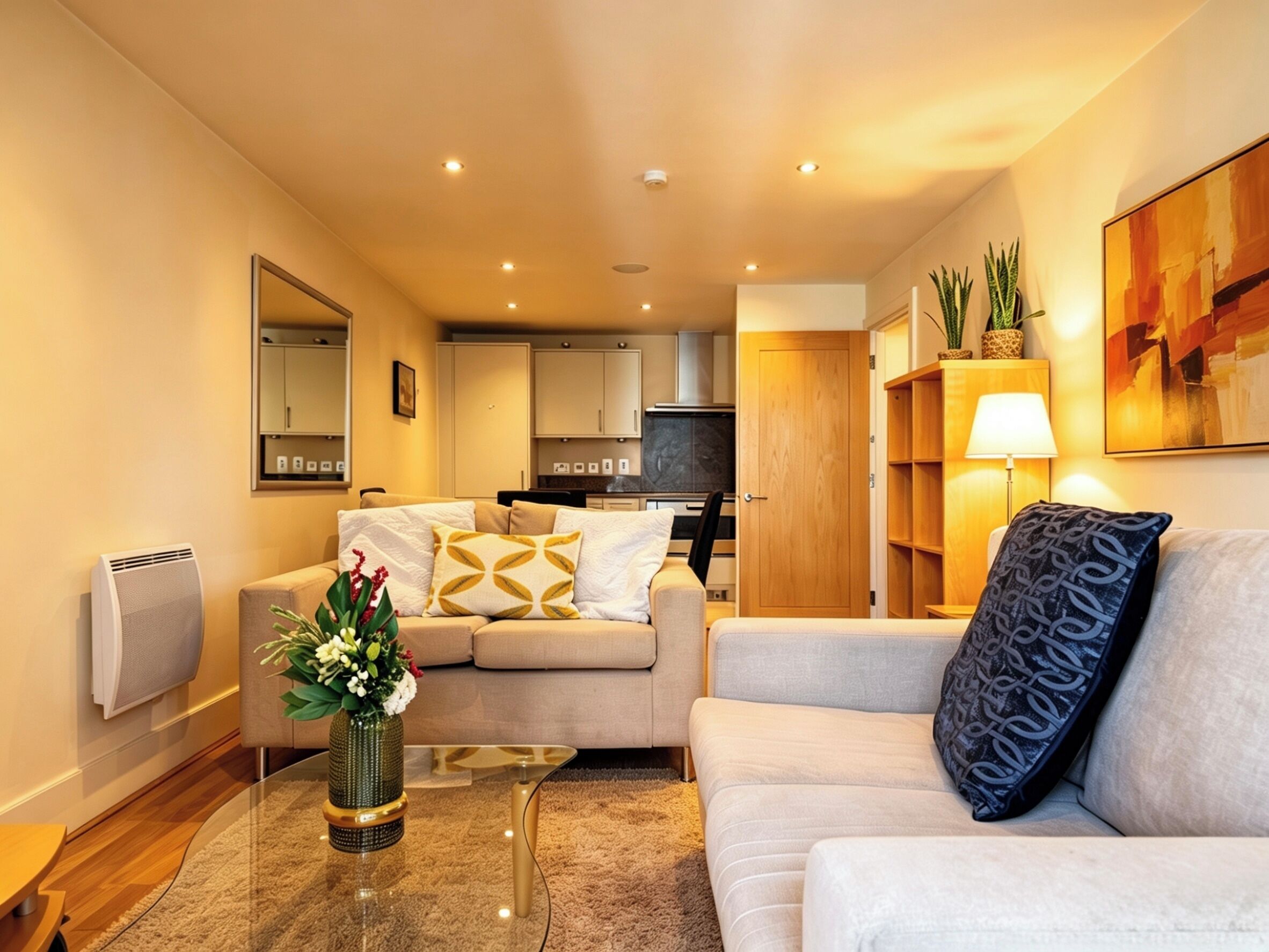 A modern living room with a sofa, a coffee table, and a decorative vase.