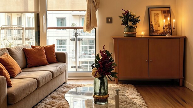 A living room with a sofa, a glass coffee table, a cabinet, and a window with a view of buildings. - Cosy 2BRs Apt w/AC and balcony near Vauxhall (London)