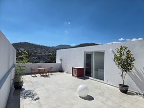 A rooftop terrace with a table and chairs, a potted plant, and a spherical decoration.