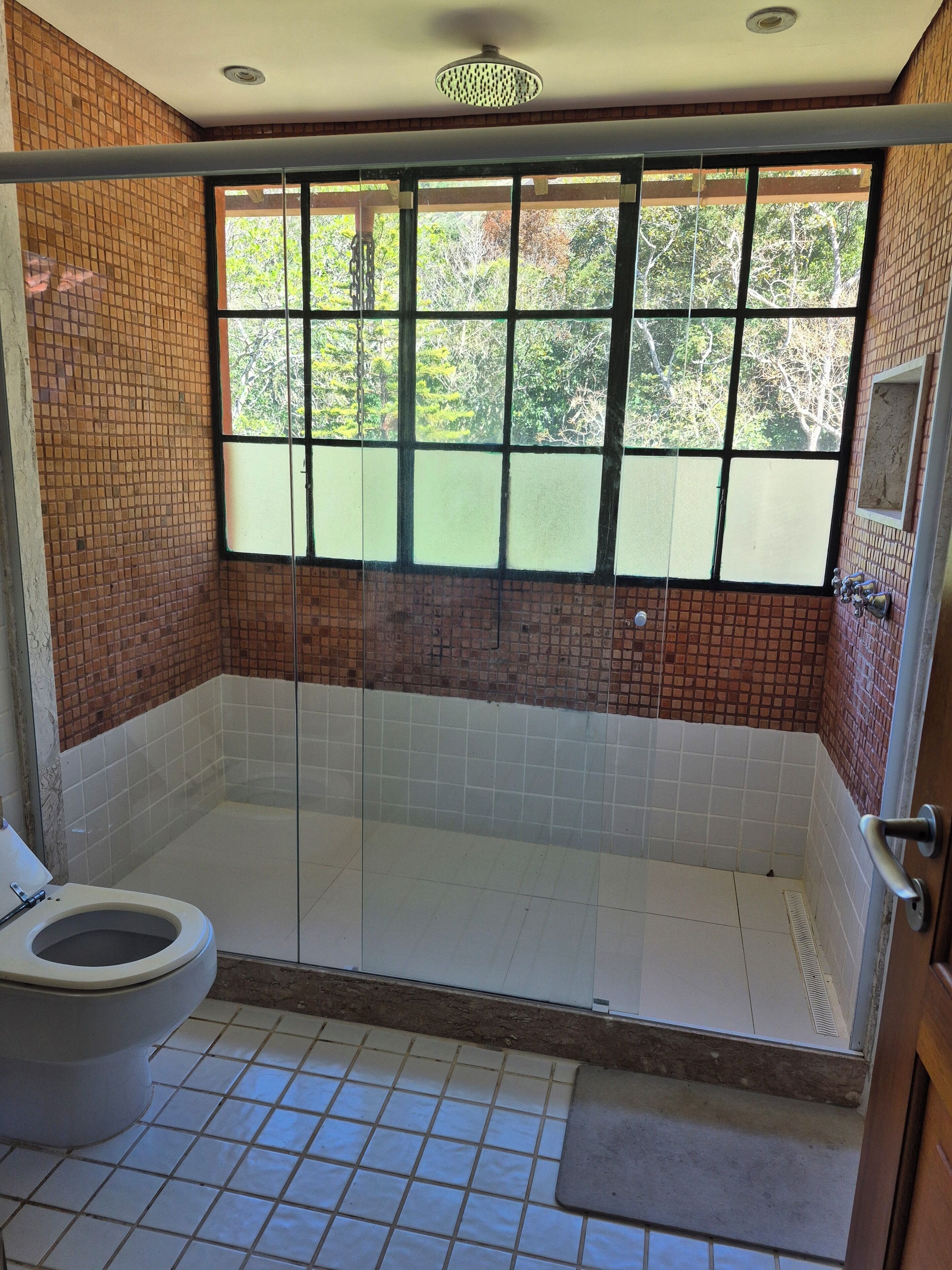 Une salle de bain avec douche, toilettes et une fenêtre donnant sur les arbres.