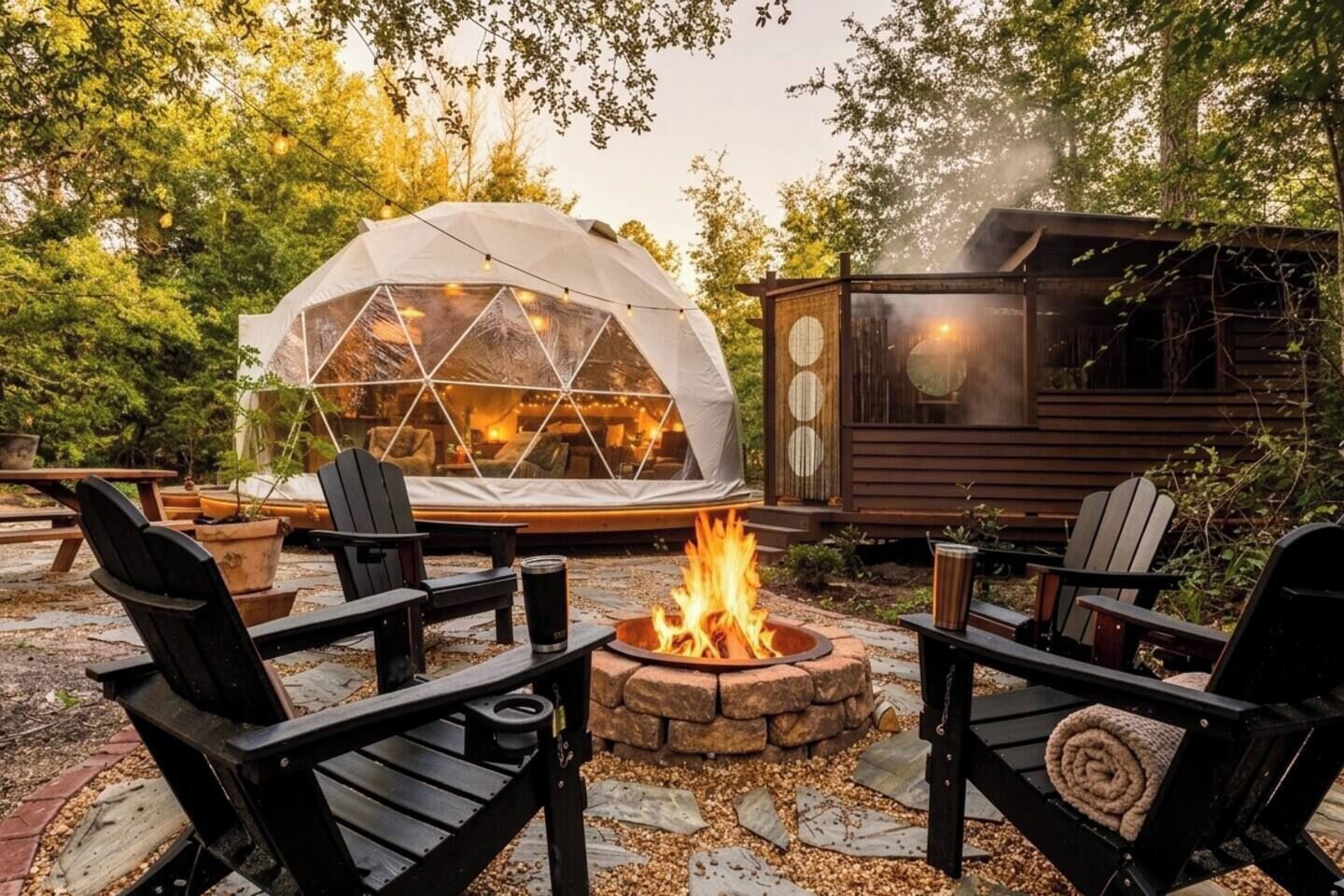 A geodesic dome structure with a fire pit in the center, surrounded by outdoor seating.