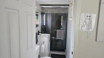 Shower, hair dryer, towels, toilet paper