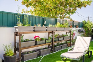 Ein Garten mit einer Holzbank und verschiedenen Kübelpflanzen.