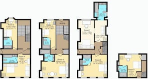 A hotel layout with multiple rooms, a landing area, and a bathroom. - Orien tal By My Getaways (Brighton)