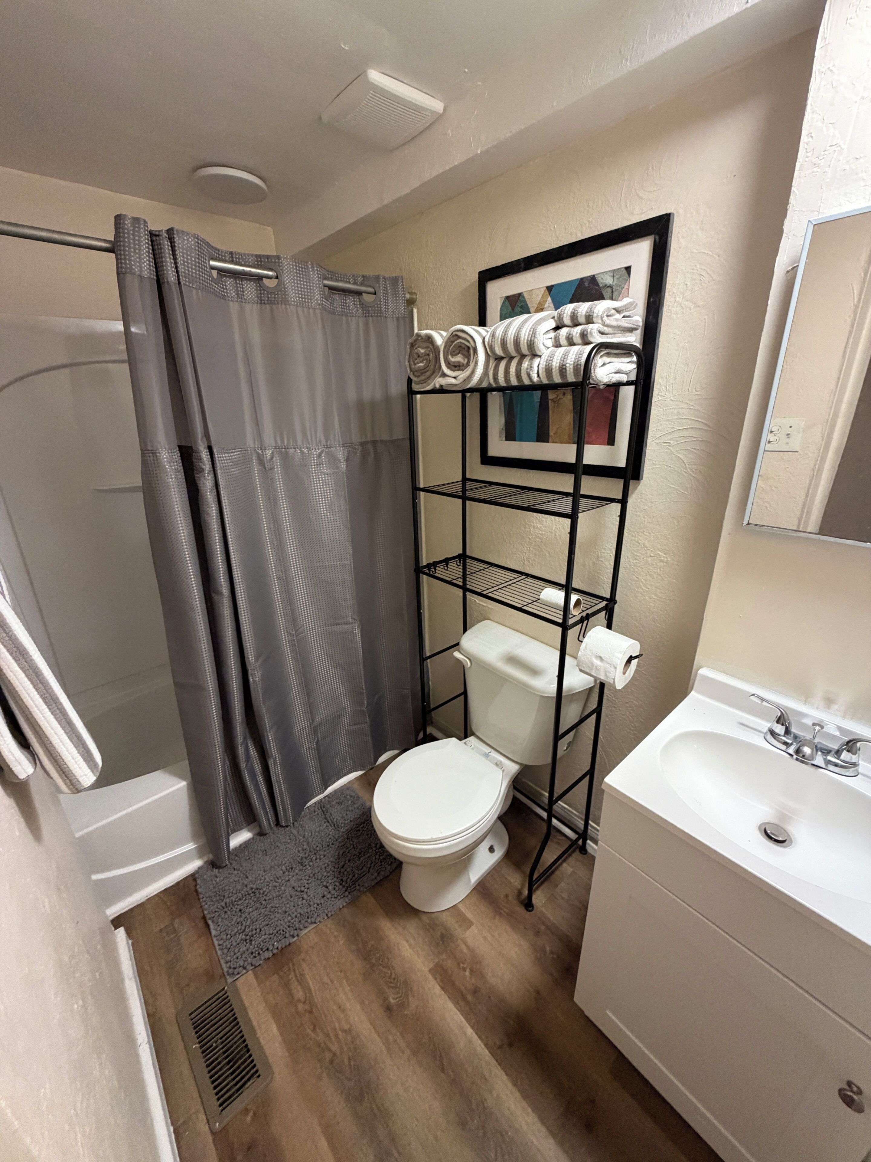 Hair dryer, towels, soap, shampoo
