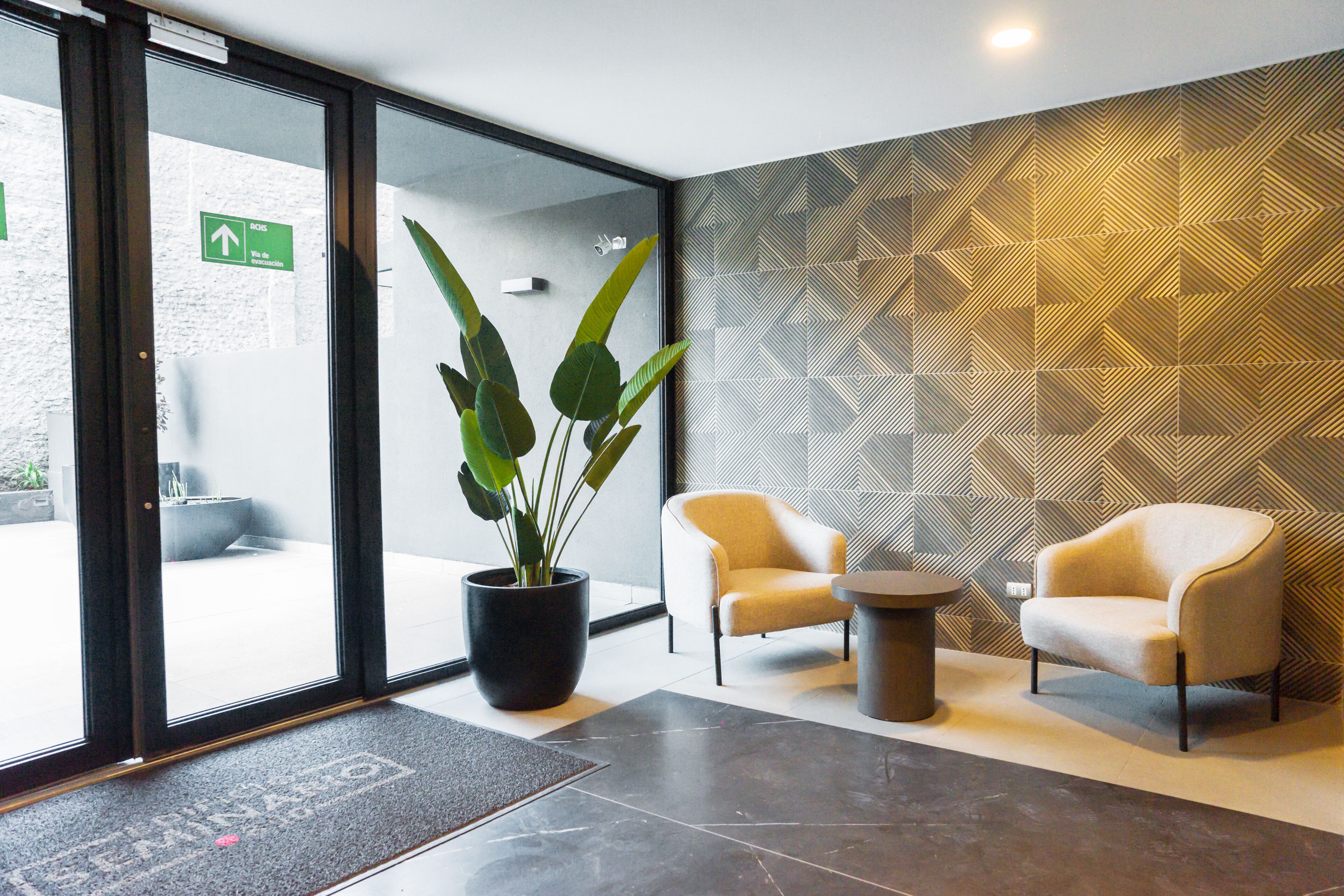 Un intérieur moderne agrémenté d’une plante en pot, de deux fauteuils et d’une petite table.
