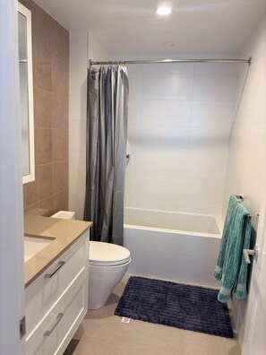 Hair dryer, towels, toilet paper