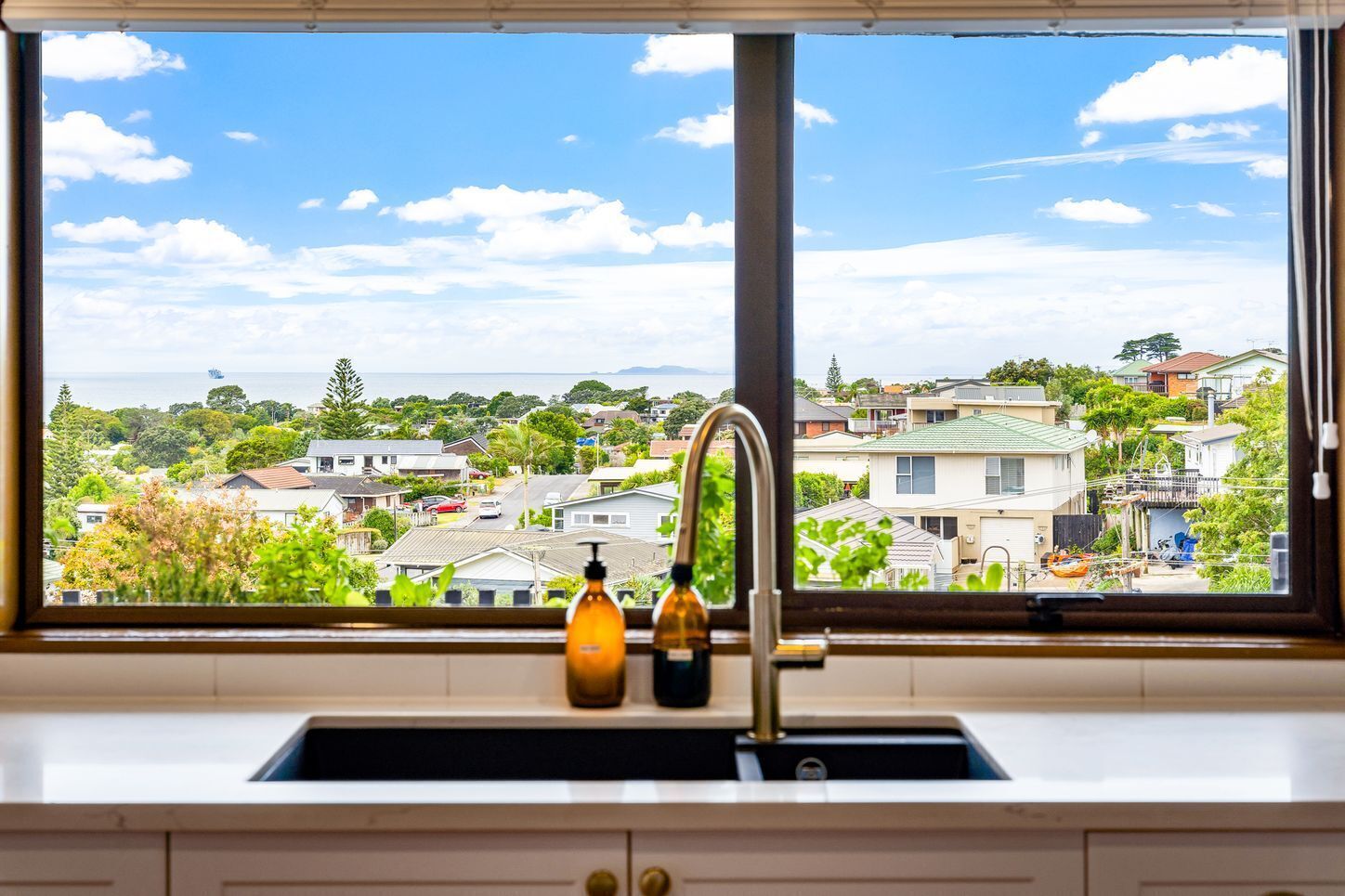 A kitchen with a window view of a residential area, a sink, and two bottles on the counter.