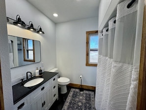 Un bagno con lavandino su un piano nero, un WC bianco e una tenda da doccia.